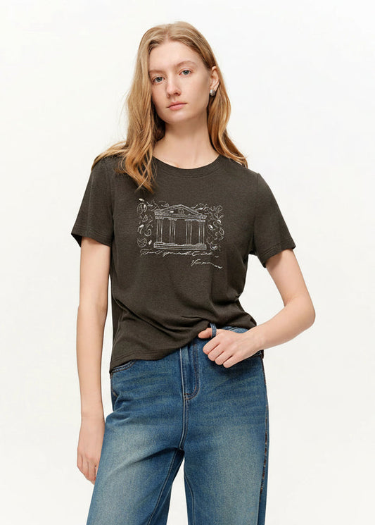 Vintage Beaded T-Shirt Casual Round Neck Top Loran