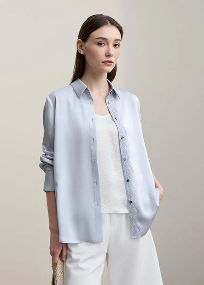 Amii Women's Blouse 2026 Spring New Mesh Lace Patchwork Chiffon Shirt Women's Casual Loose Lapel Single Breasted Tops 12641087 Loran