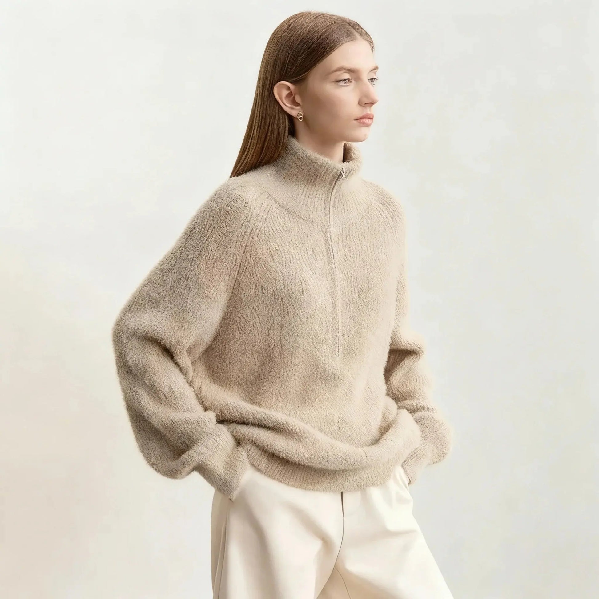 Women's Loose Fit Turtleneck Sweater with Quarter-Zip - Loran