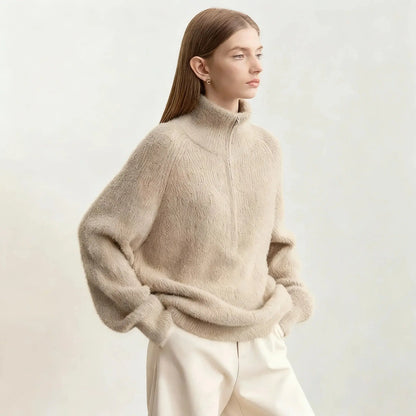 Women's Loose Fit Turtleneck Sweater with Quarter-Zip - Loran