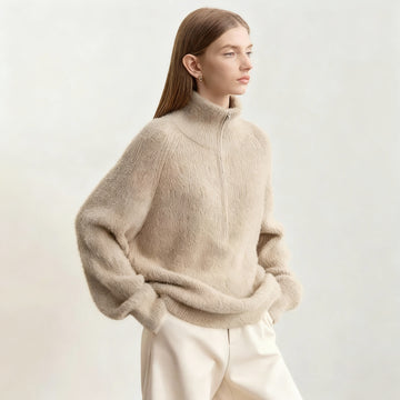 Women's Loose Fit Turtleneck Sweater with Quarter-Zip