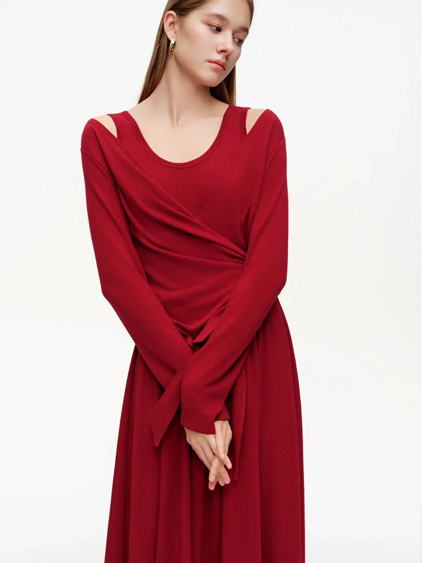 Women's Red Tie-Front Cardigan & Dress Set | Two-Piece Slim Fit - Loran