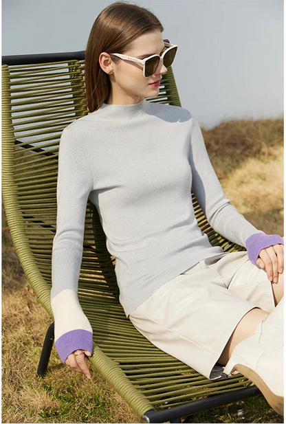 AMII Minimalist 2025 Winter New Sweaters for Women Office Lady Basics Half High Collar Color Contrast Slim Pullovers 12324067 Loran