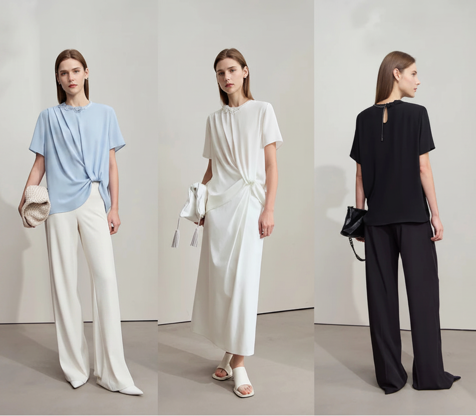 Amii Minimalist Premium Chiffon Shirt Women 2025 Summer Round neck Office Lady flower Chain Ruffles Solid color Blouse 12542251 Loran