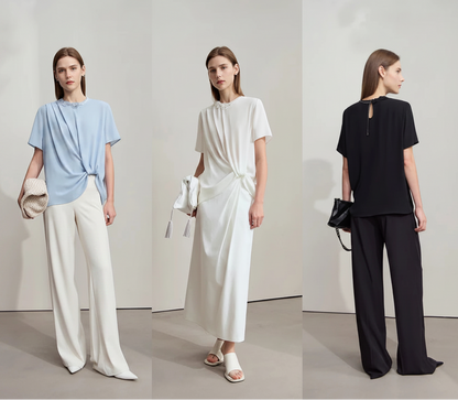 Amii Minimalist Premium Chiffon Shirt Women 2025 Summer Round neck Office Lady flower Chain Ruffles Solid color Blouse 12542251 Loran