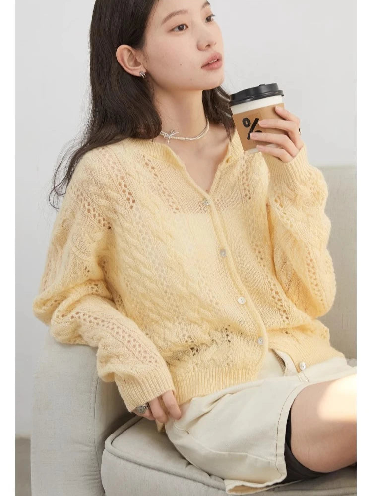 Mohair Hollow Knit Cardigan Loose Casual Short Jumper Loran