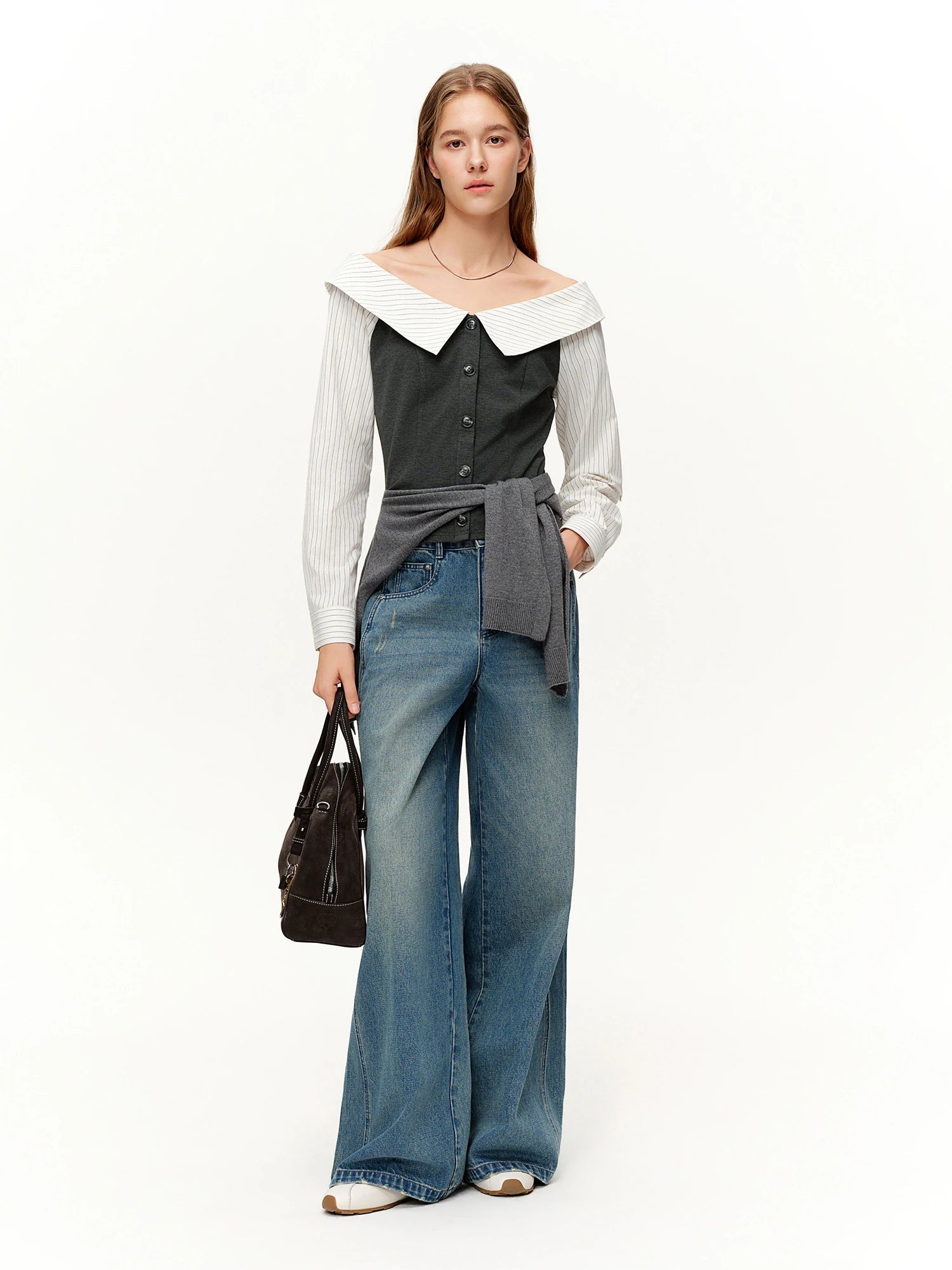 Spring Fashion Off Shoulder Crop Top & Mix Match Patchwork Jeans