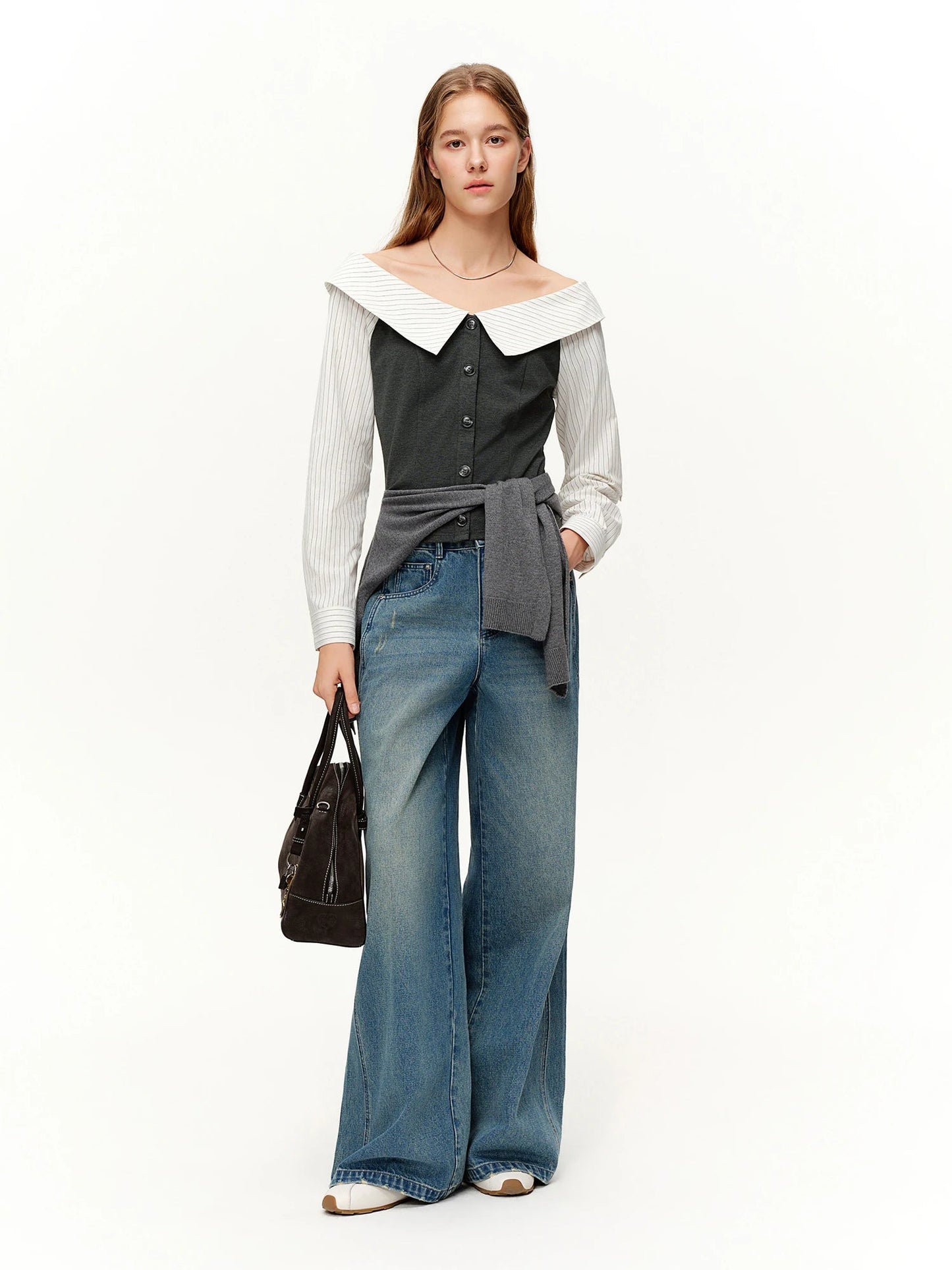 Spring Fashion Off Shoulder Crop Top & Mix Match Patchwork Jeans Loran