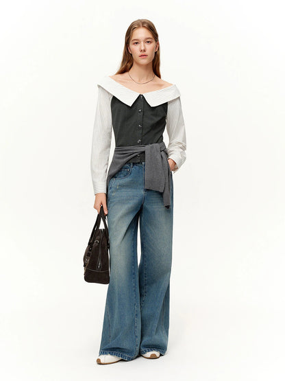 Spring Fashion Off Shoulder Crop Top & Mix Match Patchwork Jeans Loran