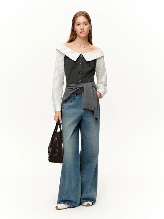 Spring Fashion Off Shoulder Crop Top & Mix Match Patchwork Jeans Loran