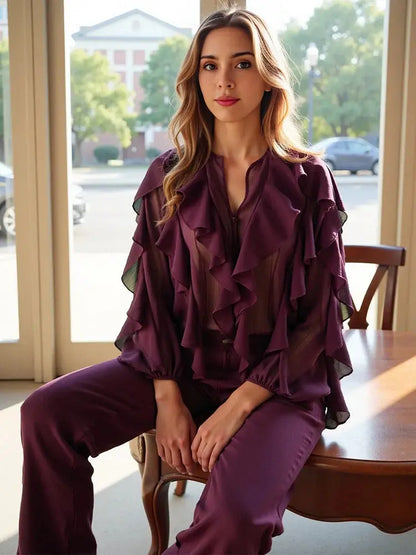 Chic Translucent Blouse with Layered Gauze and Ruffle Detail - Loran