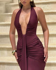 Sexy Halter Deep V-Neck Ruched Club Dress