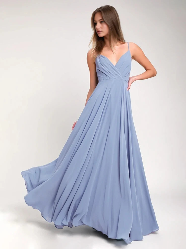 Deep V-Neck Blue Satin Floor-Length Prom Gown