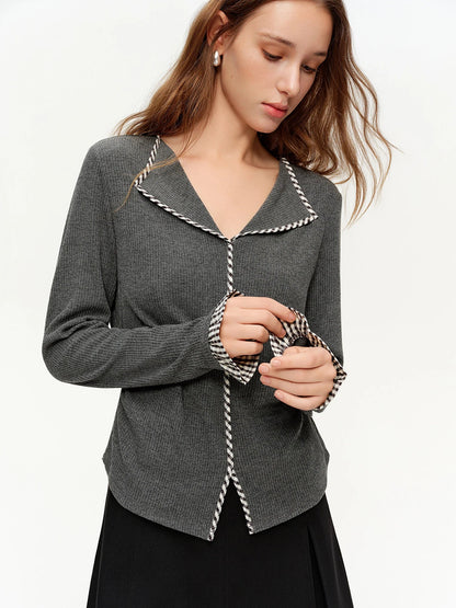 DUSHU 2026 Plus Size Spring New Women's Knit Top, Minimalist Plaid Color Block Long Sleeve Shirt, Y2K Retro Basic Layering Tee Loran