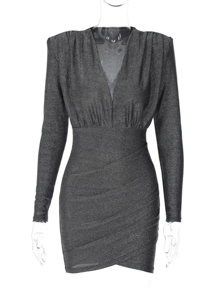 Elegant Long Sleeve V Neck Ruched Dress - 3IN SMART Shop  #