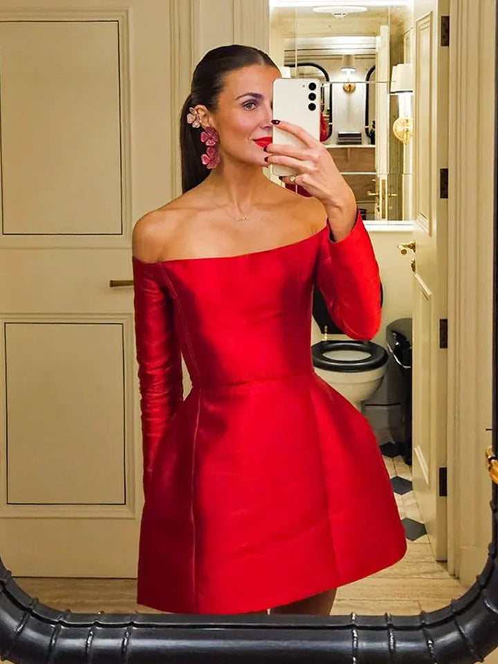 Elegant Red Satin Strapless Short Dress Long - 3IN SMART Shop  #