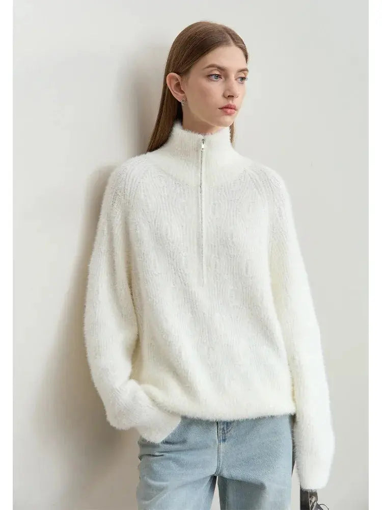 Women's Loose Fit Turtleneck Sweater with Quarter-Zip - Loran