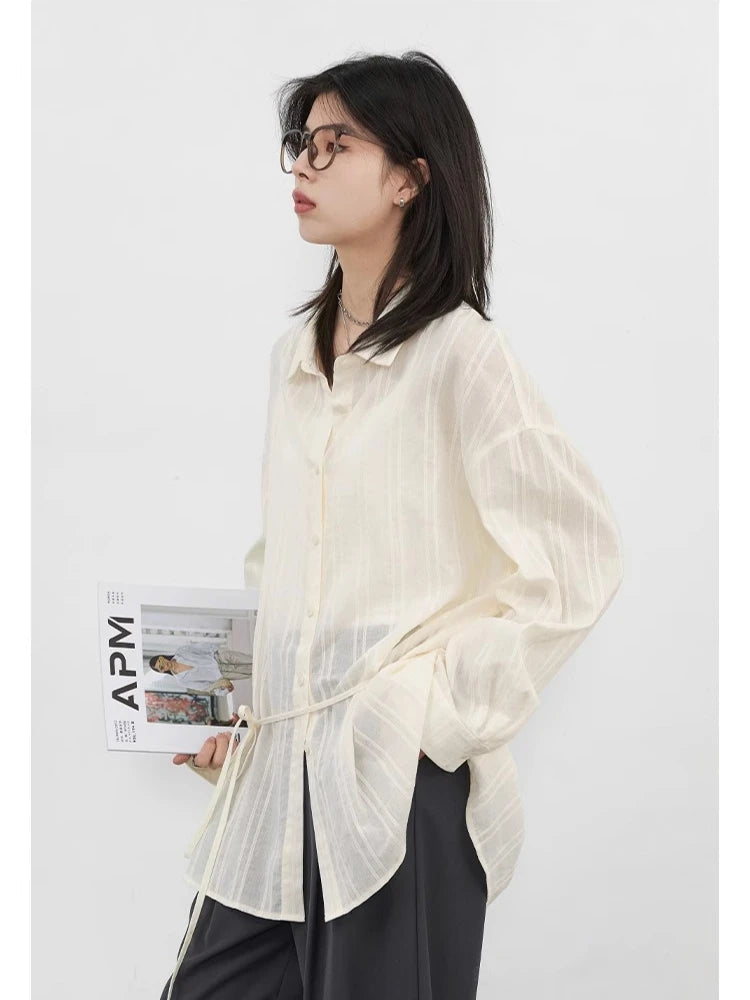 Textured Striped Waist Shirt Long Sleeve Summer Blouse Loran
