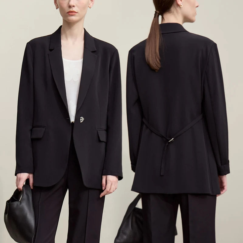 Amii Women's Blazer 2026 Spring New Commuter Flip-neck Suit Loose Single Button Jacket Medium And Long With Sashes Top 12621051 Loran