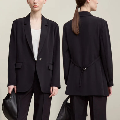 Amii Women's Blazer 2026 Spring New Commuter Flip-neck Suit Loose Single Button Jacket Medium And Long With Sashes Top 12621051 Loran