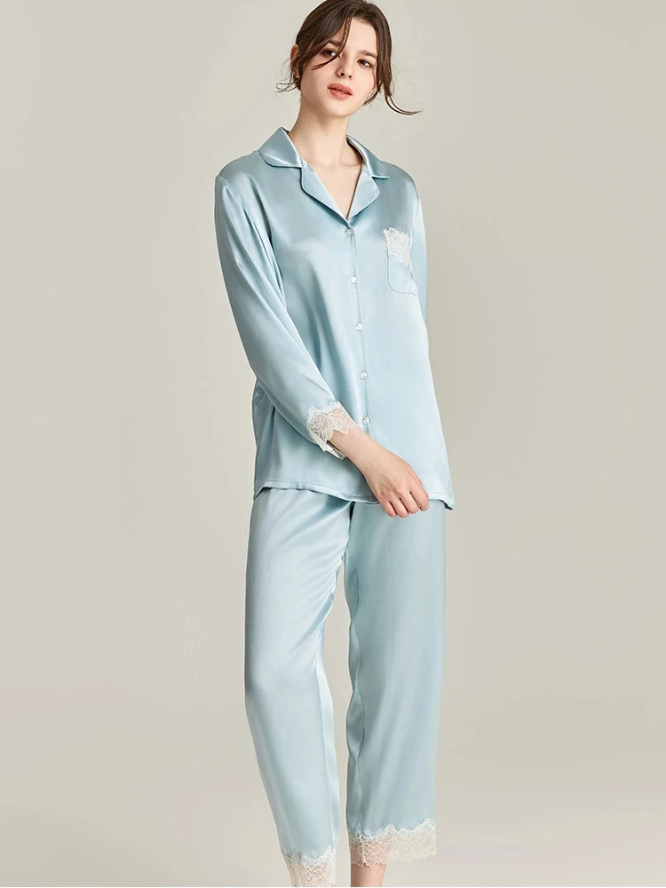 22MM 100% Real Silk Pajama Loungewear Lace Trim Lapel Sleepwear Pyjamas Set Solid Color Long Sleeve Button Pajamas for Women PJS Loran