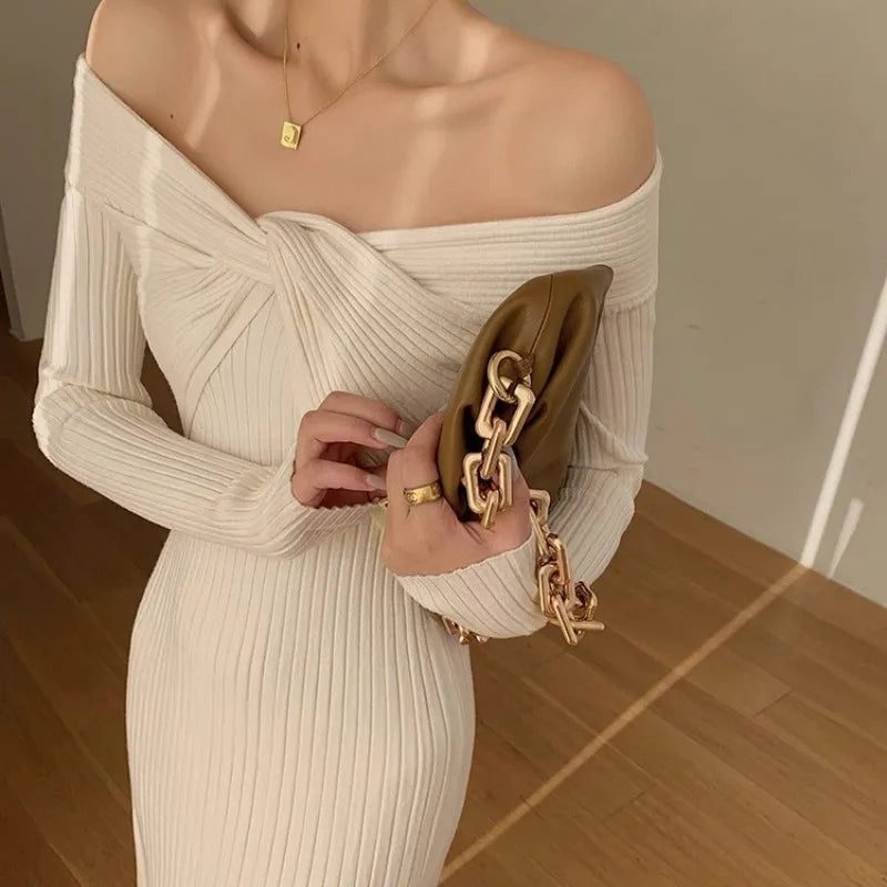 Elegant Off Shoulder Knitted Dress - 3IN SMART Shop  #