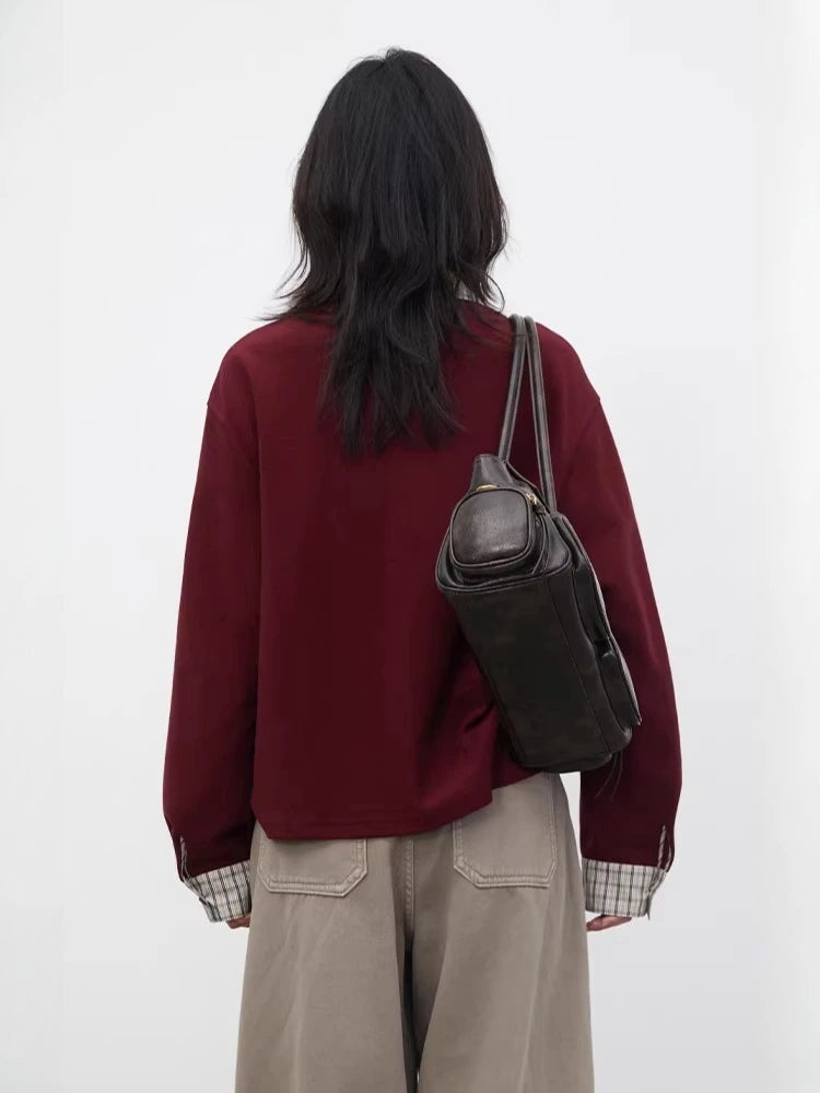 Color Block Plaid T-Shirt  Loose Casual Long Sleeve Loran