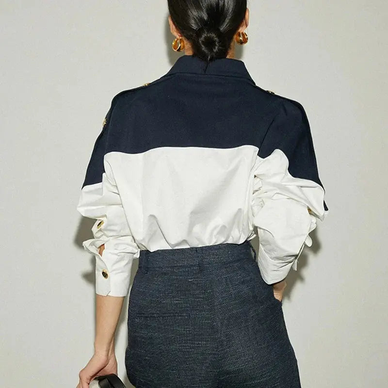 Contrast Patchwork Long-Sleeve Blouse - Loran