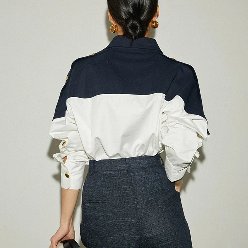 Contrast Patchwork Long-Sleeve Blouse