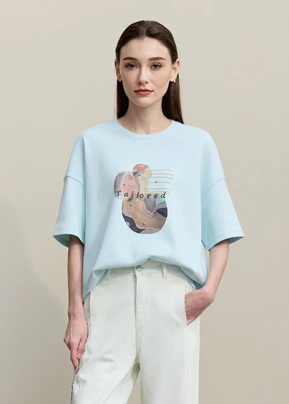 Amii Women's T-shirt 2026 Spring New Casual Crew Neck Down Shoulder Sleeves Printing T-Shirt Women's Loose Cotton Top 12611006 Loran