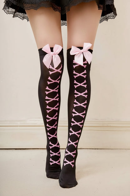 Black Pink Bone Over-the-Knee Socks with Bows