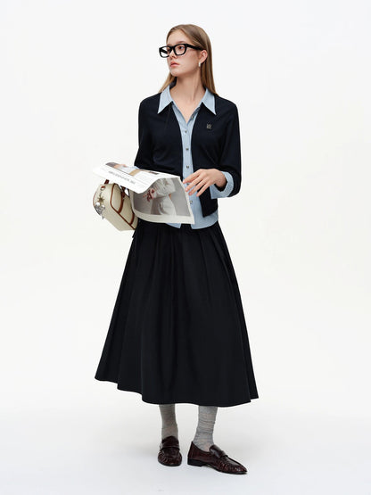 High Waist 3D Pleated Midi Skirt with Side Tie & Ruffles Loran