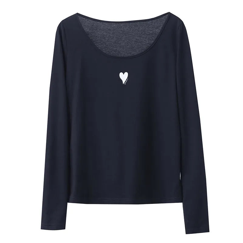 U-Neck Contrast Print Tee Long Sleeve Cotton Basic Loran