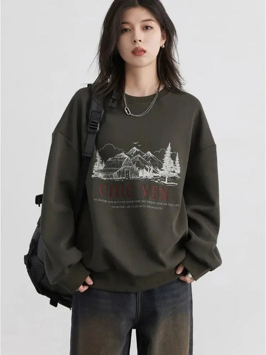 Retro Letter-Embroidered Oversized Sweatshirt - Loran