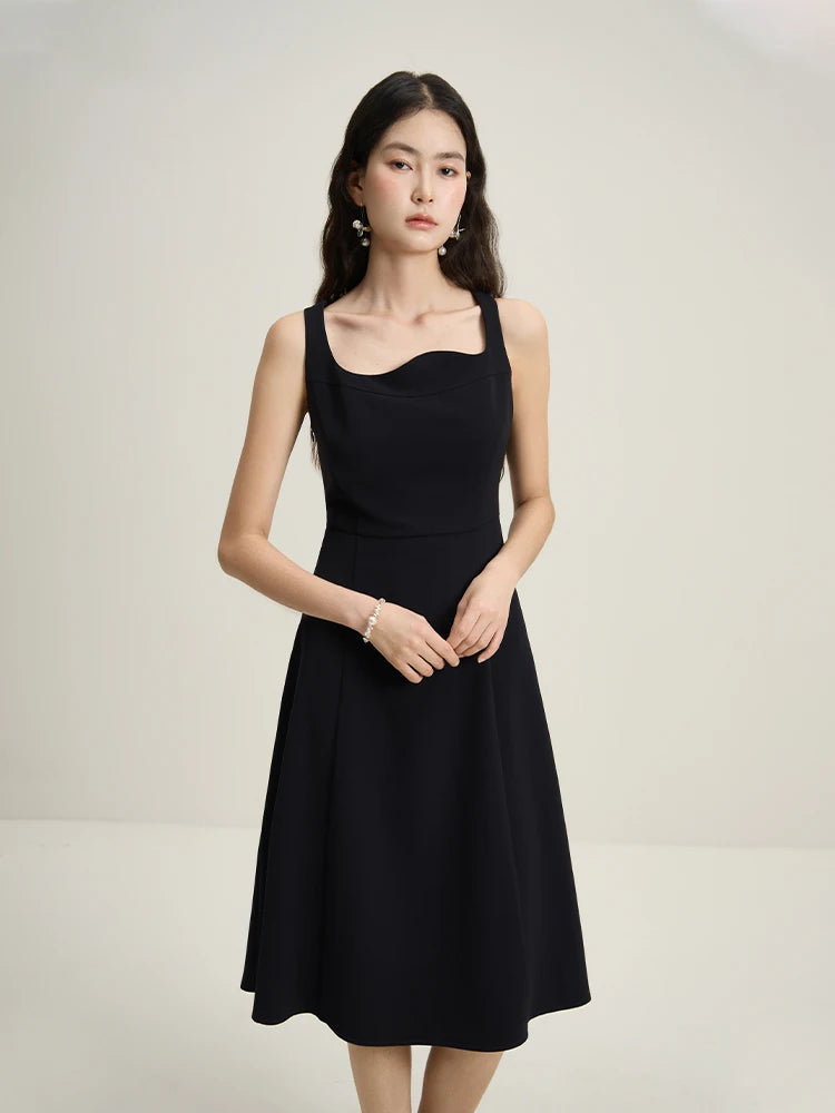 French Style Corrugated Collar Black Dress