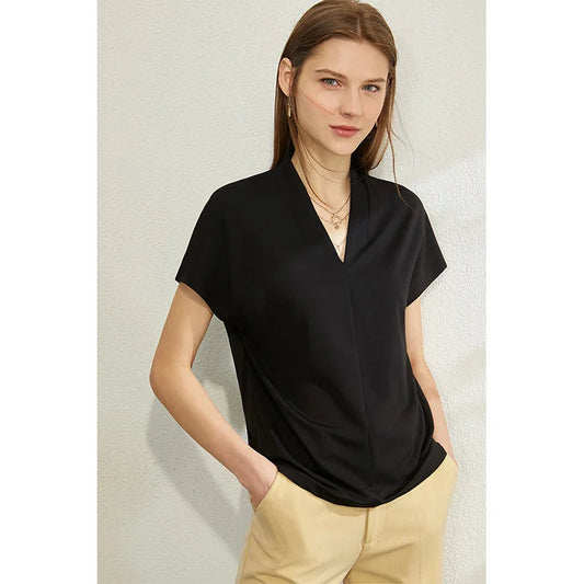 AMII Minimalism 2025 Summer Women's T-shirt Classic Style Casual V-neck Short Sleeve Solid Stretch Female Tops & Tees 12312013 Loran