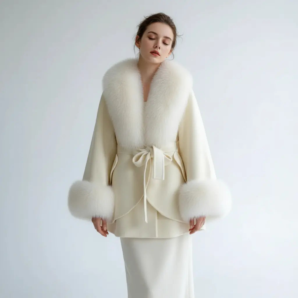 Luxury Wool Blend Cape with Detachable Fur Collar - Loran