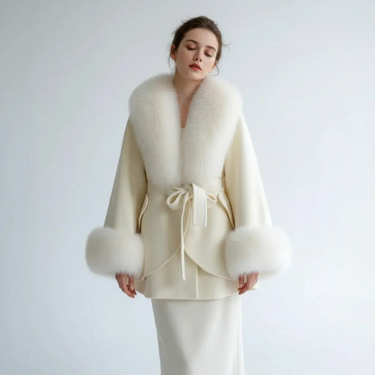 Luxury Wool Blend Cape with Detachable Fur Collar - Loran
