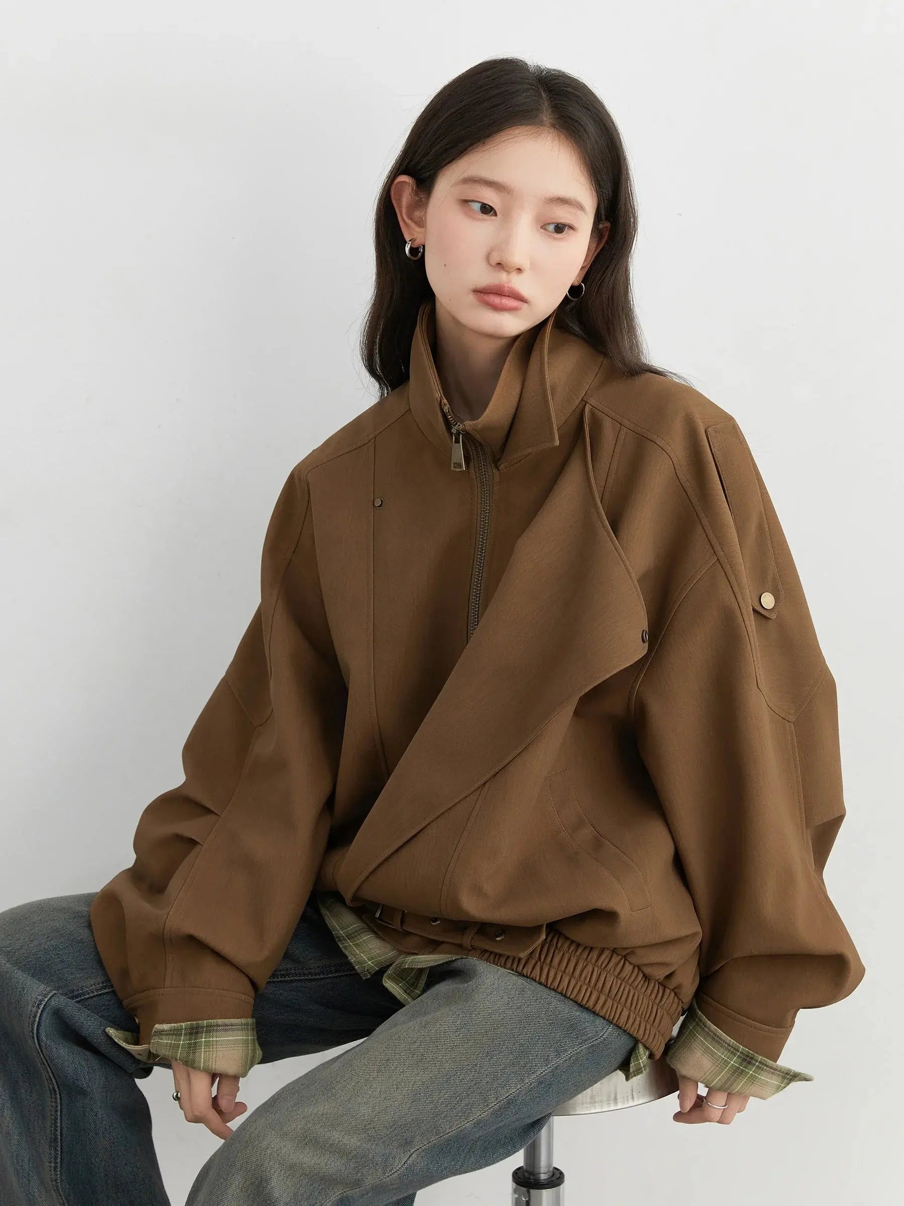 Loose Leather Stand Collar Jacket - Loran