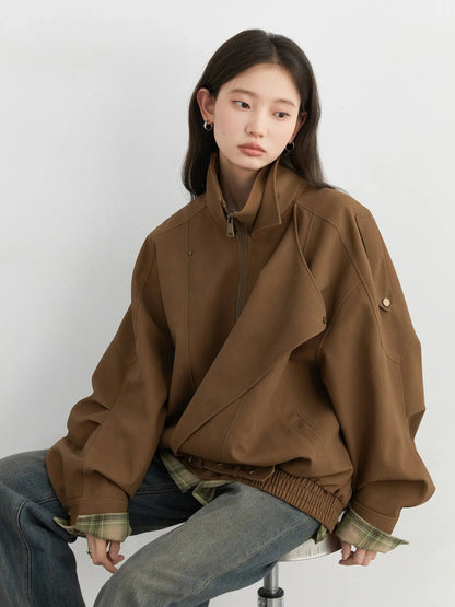 Loose Leather Stand Collar Jacket - Loran