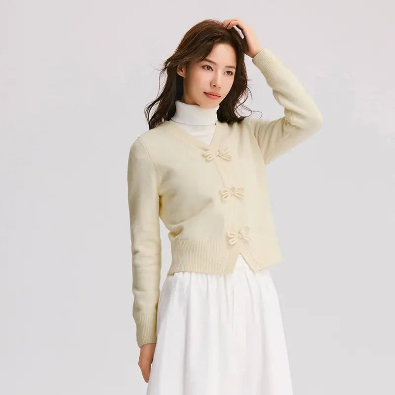 Semir Knitted Cardigan Women Bowknot and Plate Buckle Sweet 2024 New Winter Gentle V-Neck Top Girly LORAN STORE