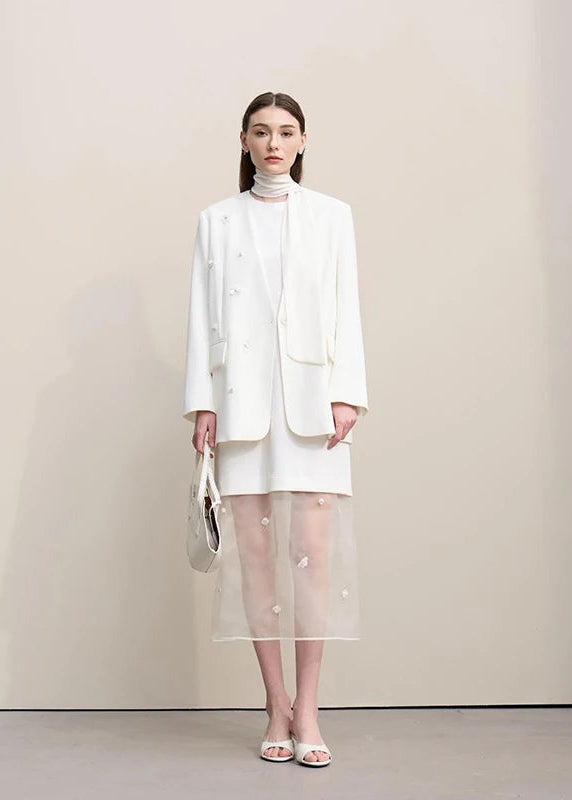 Amii Women's Jacket 2026 Spring New Elegant Commuter Beaded Flower Chiffon Streamer Tie Blazers Solid Loose V-Neck Top 12641078 Loran