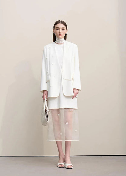 Amii Women's Jacket 2026 Spring New Elegant Commuter Beaded Flower Chiffon Streamer Tie Blazers Solid Loose V-Neck Top 12641078 Loran