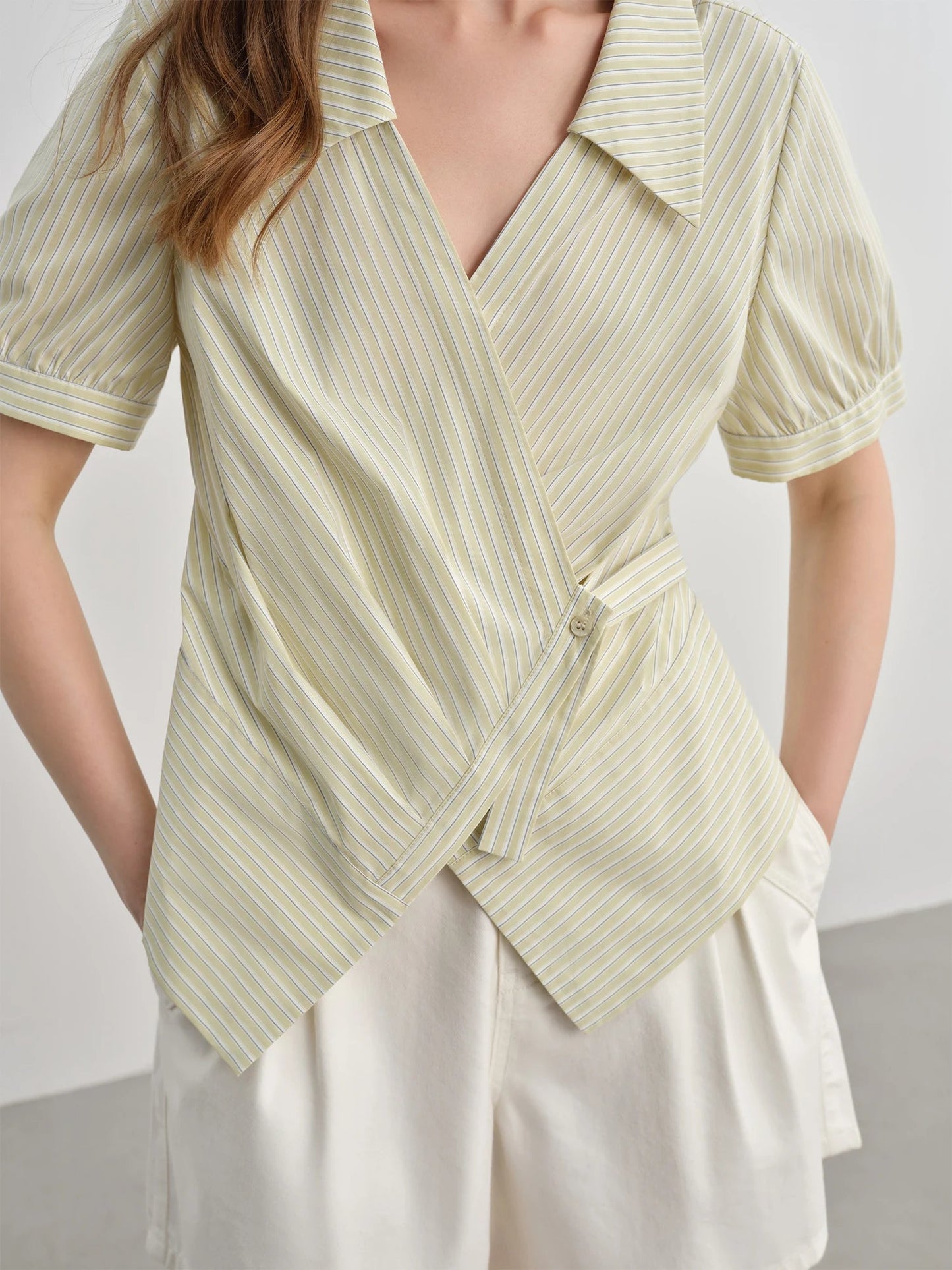 Striped Wrap Shirt V-Neck Summer Office Blouse Loran