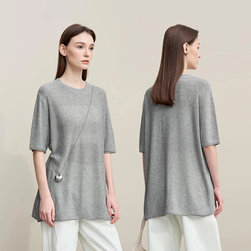 Amii Women's Sweater 2026 Spring New Round Neck Medium Sleeve Knitted Sweater Loose Pullover Women's Long Sleeve Top 12651012 Loran