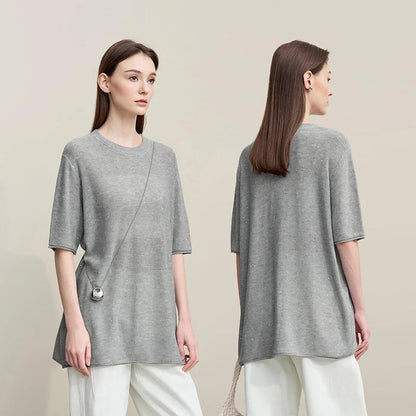 Amii Women's Sweater 2026 Spring New Round Neck Medium Sleeve Knitted Sweater Loose Pullover Women's Long Sleeve Top 12651012 Loran