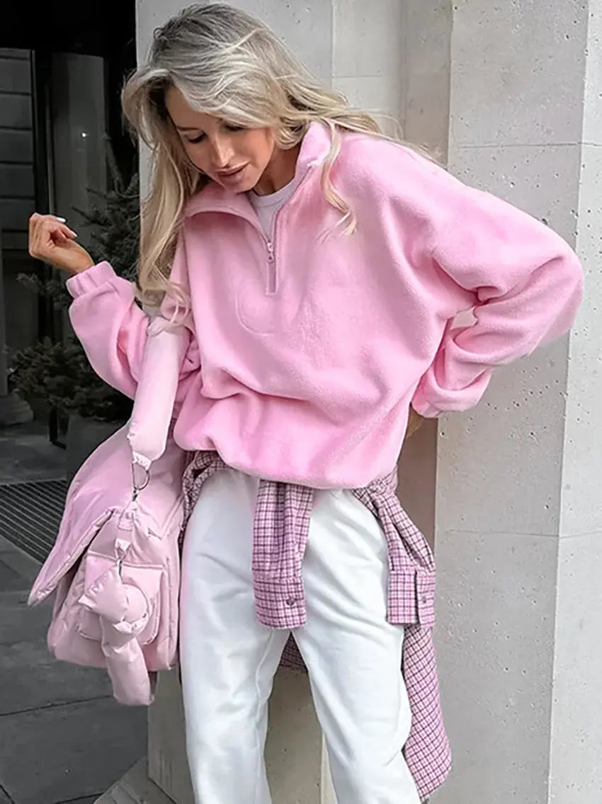 Solid Color Zip-Up Sweatshirt - Loran