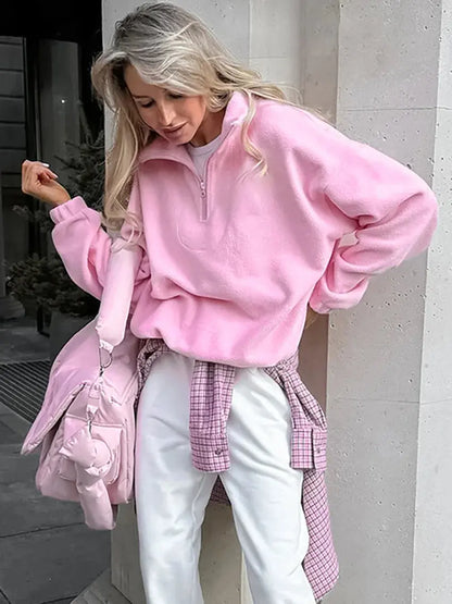 Solid Color Zip-Up Sweatshirt - Loran