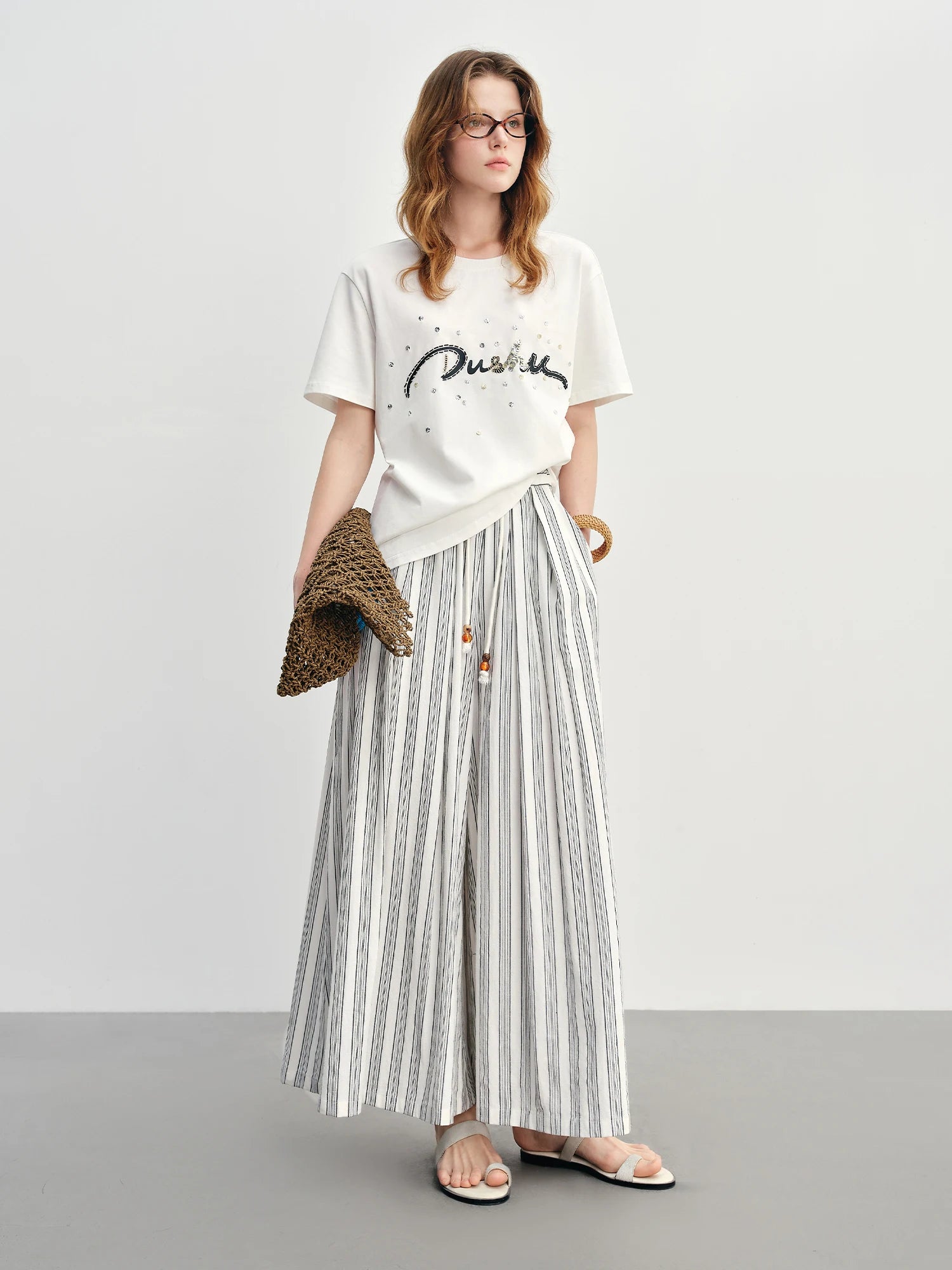 Cotton-Linen Wide Leg Pants Striped Resort Wear