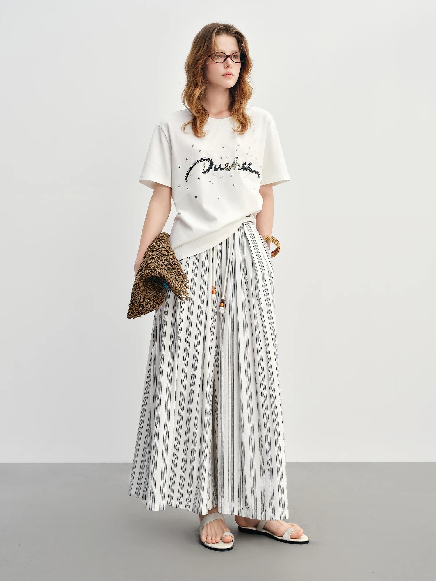 Cotton-Linen Wide Leg Pants Striped Resort Wear Loran